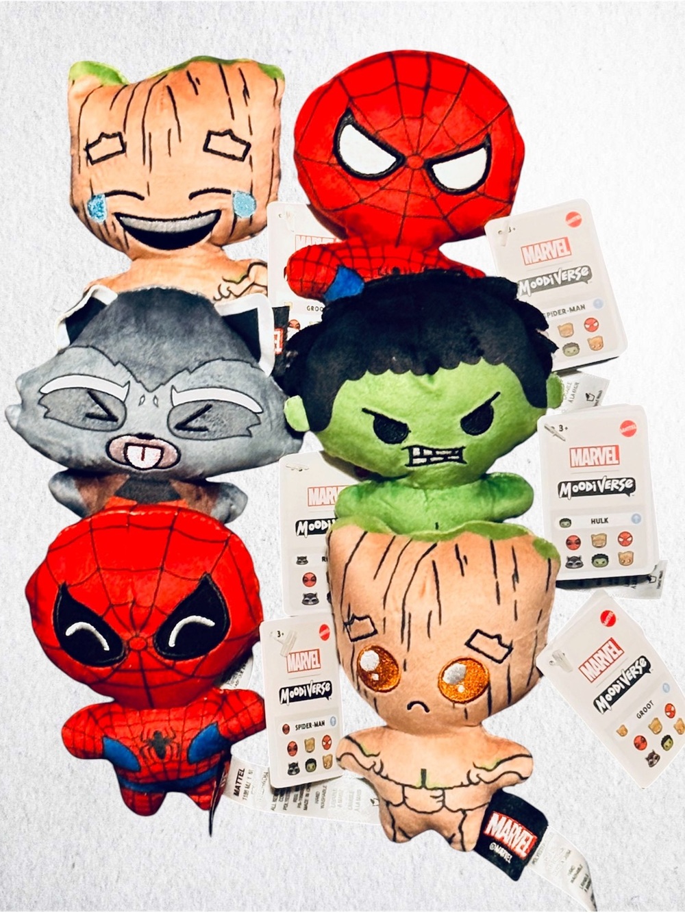 Marvel Moodiverse Plush 5” Characters: Spiderman x 2, Groot x 2, Hulk & Rocket